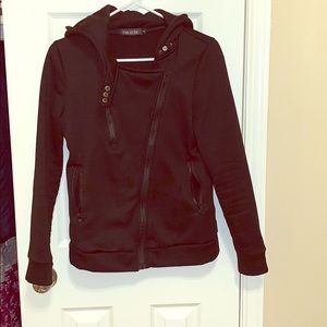Black full zip hooded jacket w/ asymmetric zipper